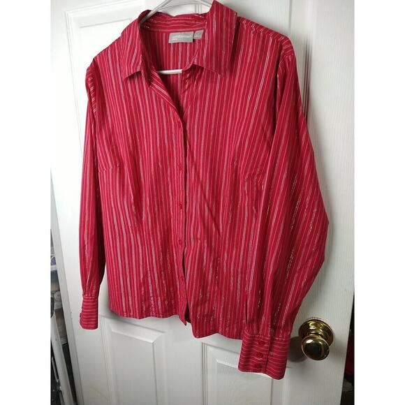 Croft &Barrow Red Silver Metallic Striped Long Sleeve Fitted Blouse. Size L - Picture 2 of 9